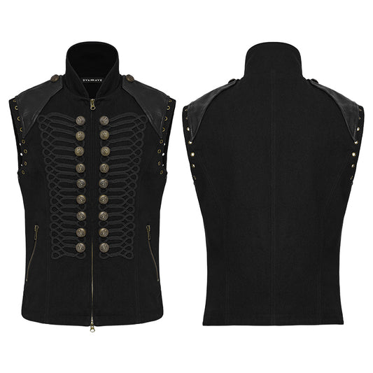 Schwarze Herrenweste mit Lederdetails und Metallknöpfen
