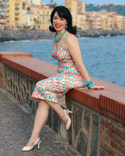 Norma Cross Strap Lace Pencil Dress in Pink Abstract Print