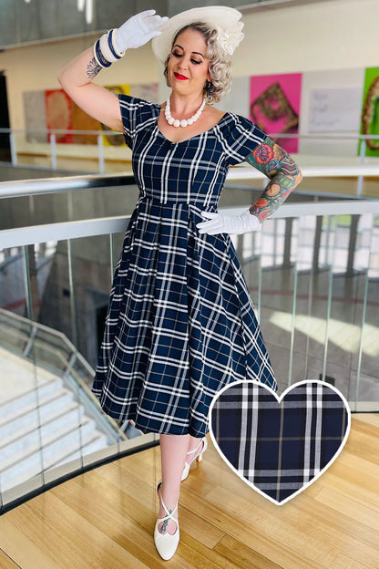 Lily Dress Navy White Tartan Nur in 38