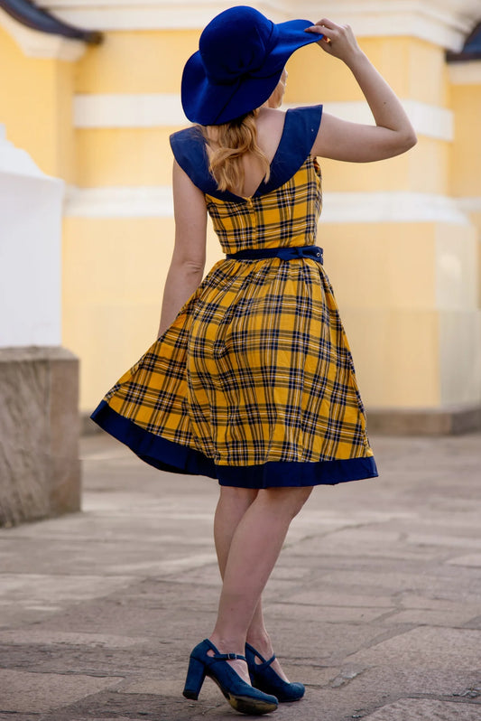 Cindy Off-Shoulder Swingkleid in Yellow Tartan – Rockabilly-Romantik