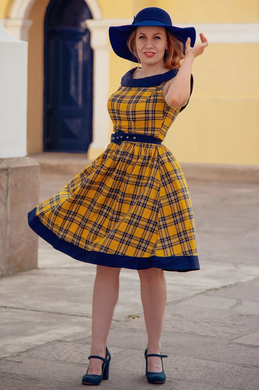 Cindy Off-Shoulder Swingkleid in Yellow Tartan – Rockabilly-Romantik