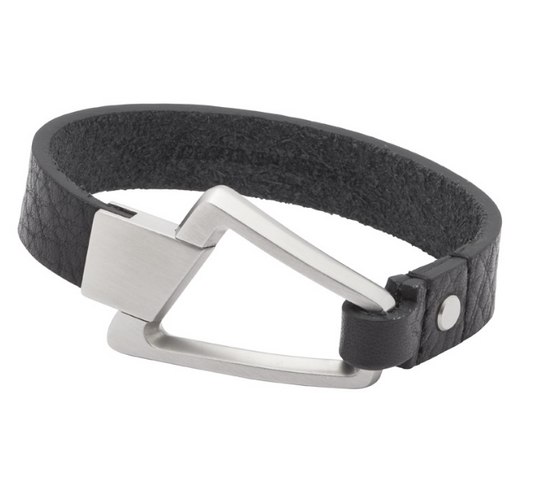 Armband aus schwarzem Leder mit markantem Edelstahl-Schmuckelement