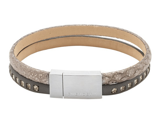 Zweireihiges Lederarmband mit Swarovski® Kristallen und silberfarbenem Muster