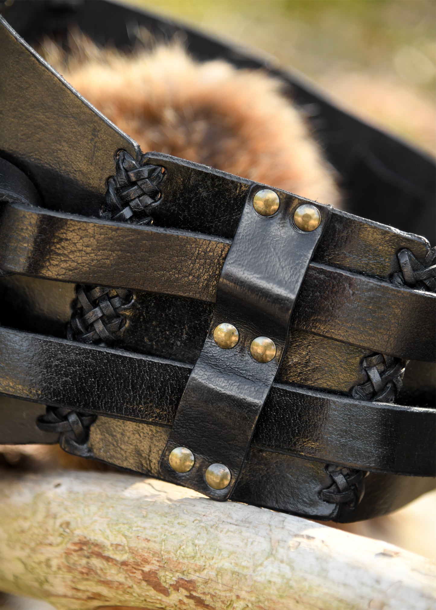 Breiter Mittelalter Ledergürtel als Doppelgürtel mit Flechtnaht – Schwarz LARP und Reenactment
