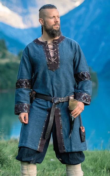Wikinger Tunika mit Lederapplikationen und Schnürkragen , blau