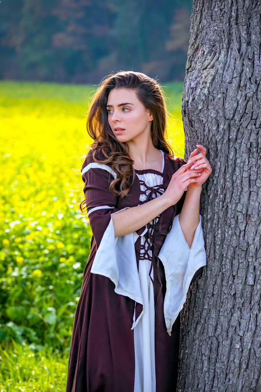mittelalterlichen Kleid mit Trompetenärmeln aus Viskose Braun/Natur