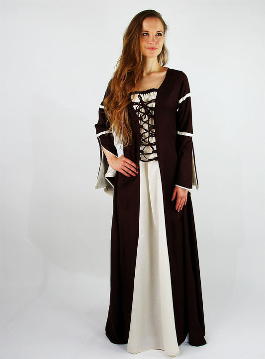 mittelalterlichen Kleid mit Trompetenärmeln aus Viskose Braun/Natur