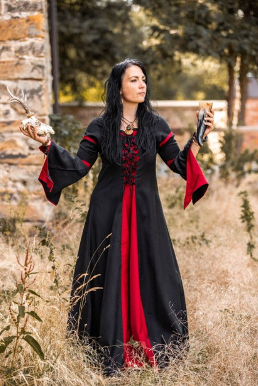 Mittelalterlichen Kleid mit Trompetenärmeln aus Viskose Schwarz/Rot
