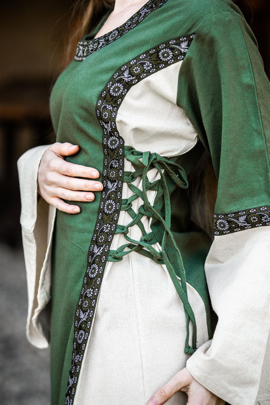 Mittelalter Baumwollkleid Grün/Natur