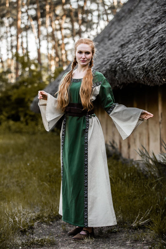 Mittelalter Baumwollkleid Grün/Natur