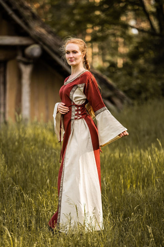 Mittelalter Baumwollkleid Rot/Natur
