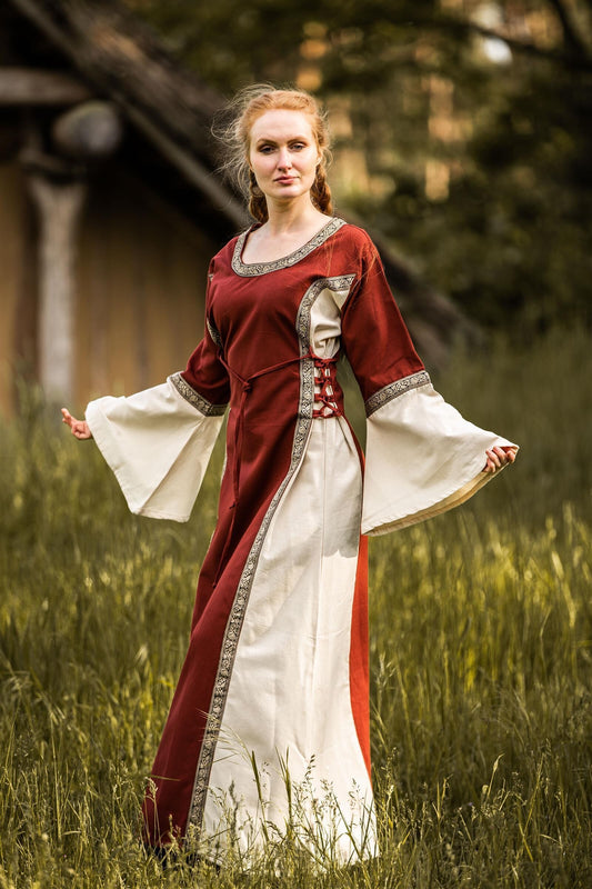 Mittelalter Baumwollkleid Rot/Natur