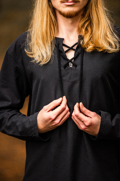 Mittelalter Hemd runder Schnürhalsausschnitt, Schwarz