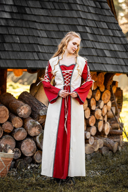 Mittelalter Kleid Amalia Natur/Rot